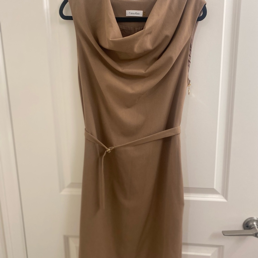 Calvin Klein Cowl Neck Midi Dress in Tan